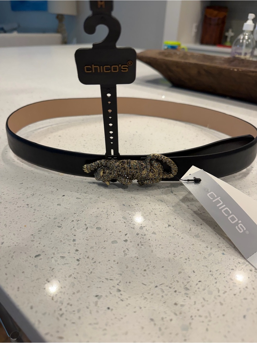 Chico's Black Belt with Gold Animal Accent Buckle